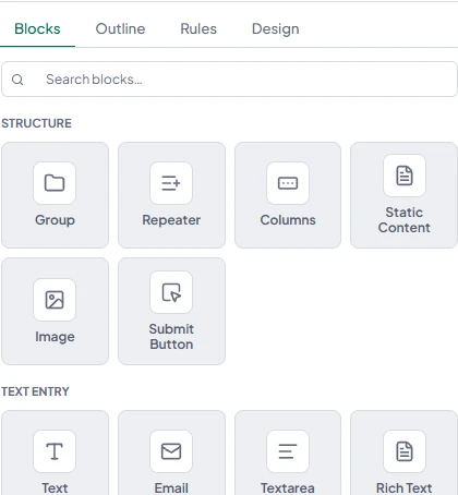 Builder tabs for Blocks, Outline, Rules, and Design above a palette of groups, repeaters, columns, static content, images, buttons, and text fields.