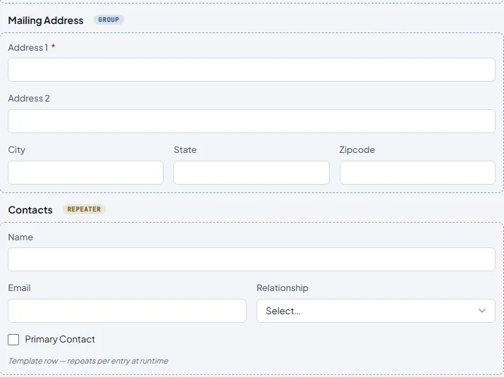 AIRLIFT Forms builder with a grouped address and repeated contacts.